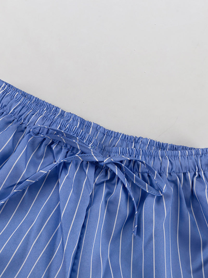 Stripe Sleeveless Lace-up Ruffle Top And Pants Sets