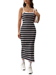 Casual Stripe Print Sleeveless Slim Long Dress