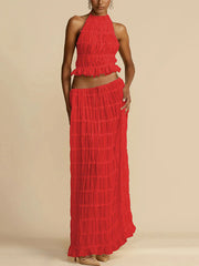 Solid Backless Fold Halter Sleeveless Two Pieces Set