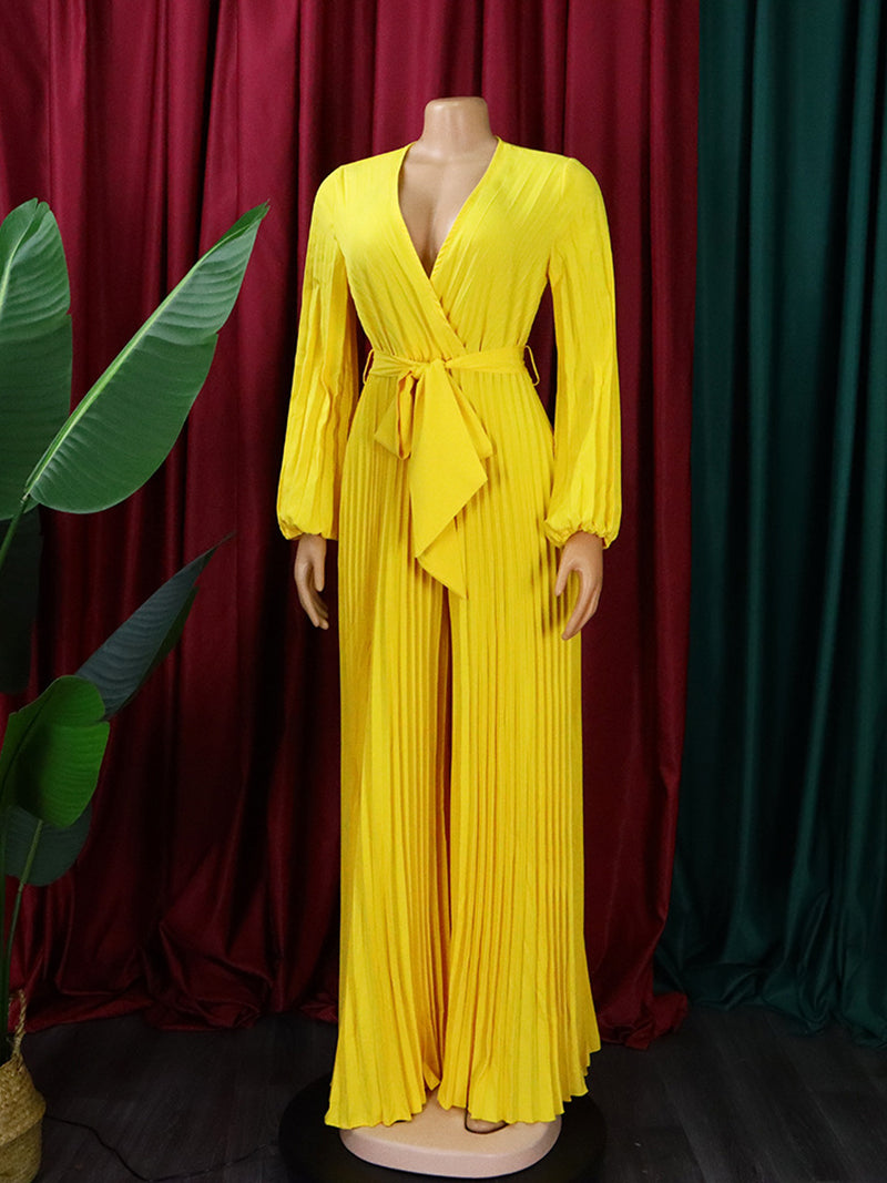 Elegant V Neck Pleated Wide Leg Jumpsuit