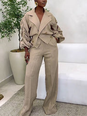 Turn-down Collar Pleated Sleeve Straight Pants Set