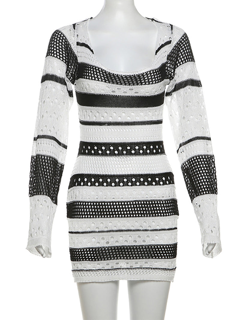 Stripes Print Knit Cut Out Backless Tie Back Mini Dress