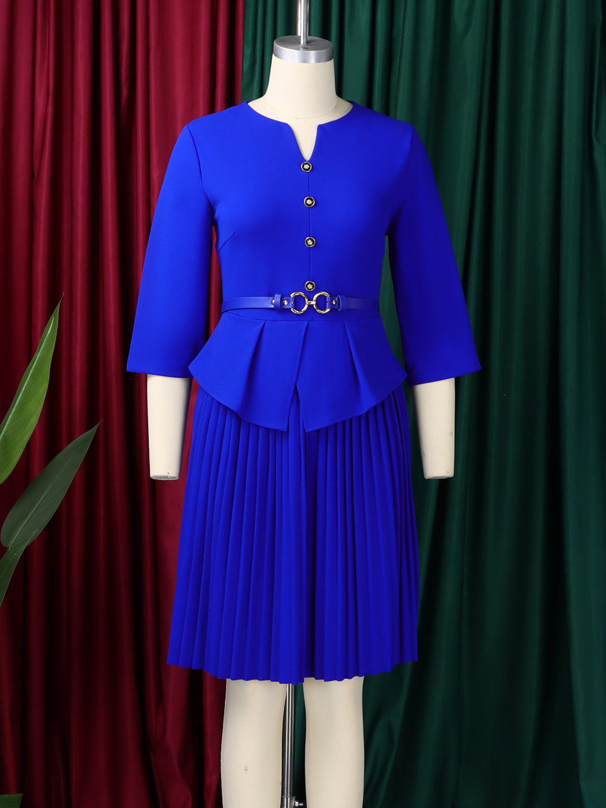 Elegant Belt Slim Pleated Midi Dress