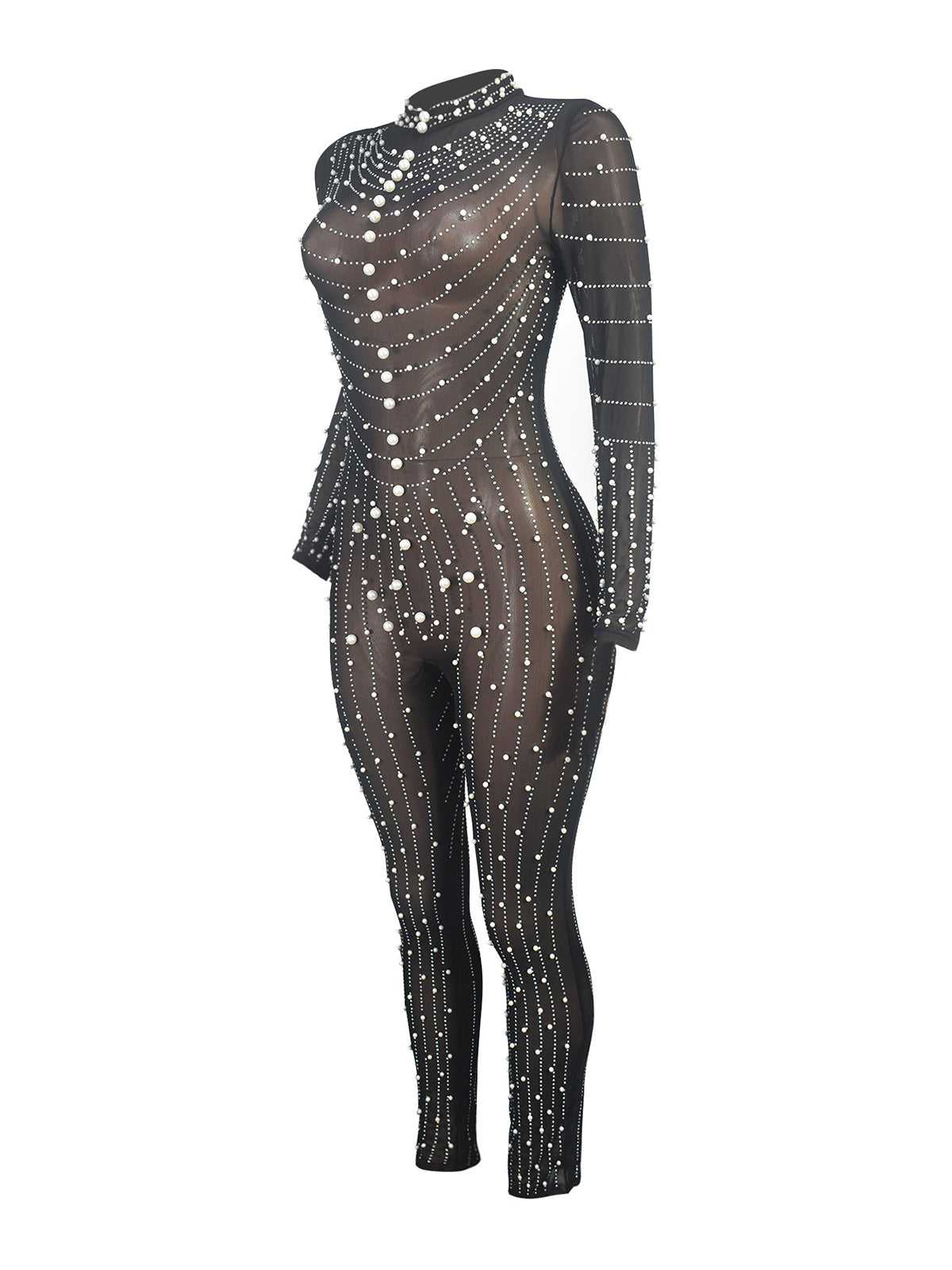 Sexy Mesh See-Through Round Neck Jumpsuit