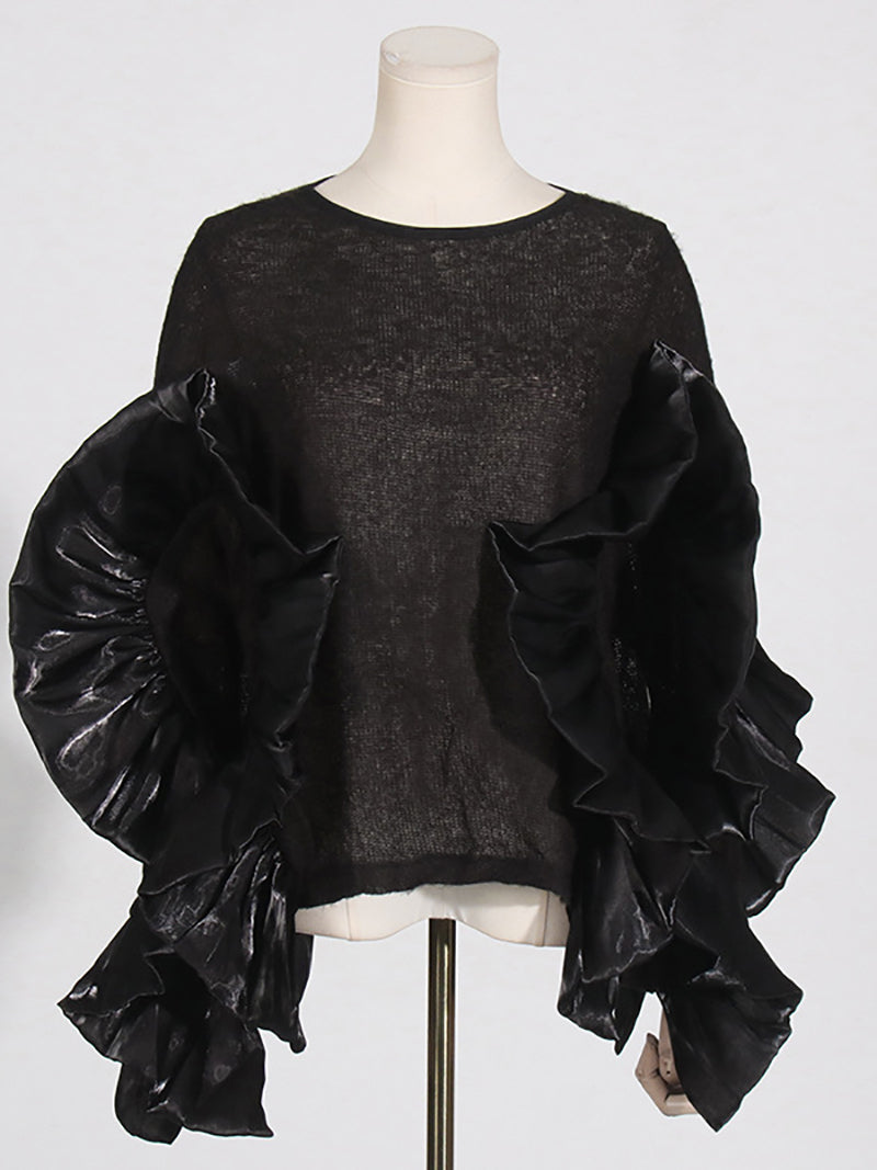 Round Collar Ruffle Patchwork Knitwear