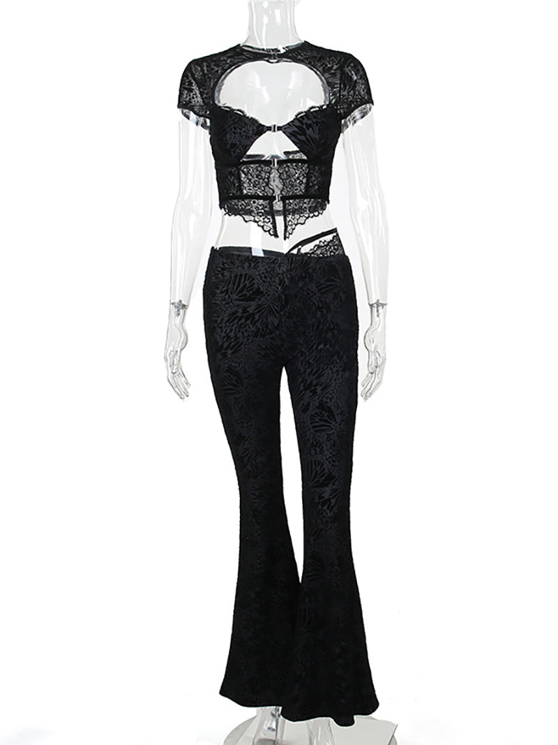 Sexy Lace Patchwork Top Flared Pants Sets