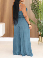 Spaghetti Strap Top And Wide Leg Denim Pants Sets