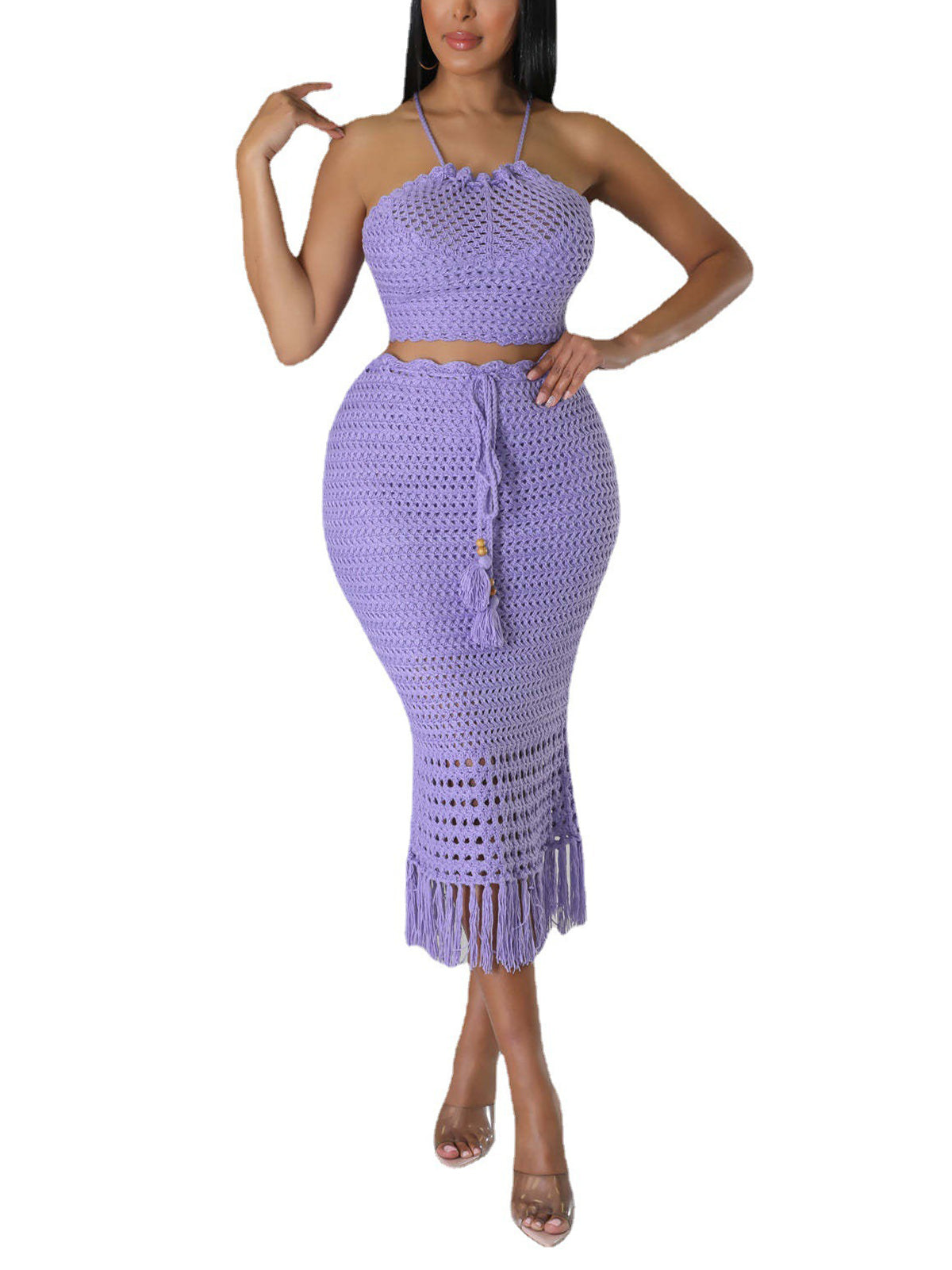 Tassels Fishnet knit Beach Two Piece Set