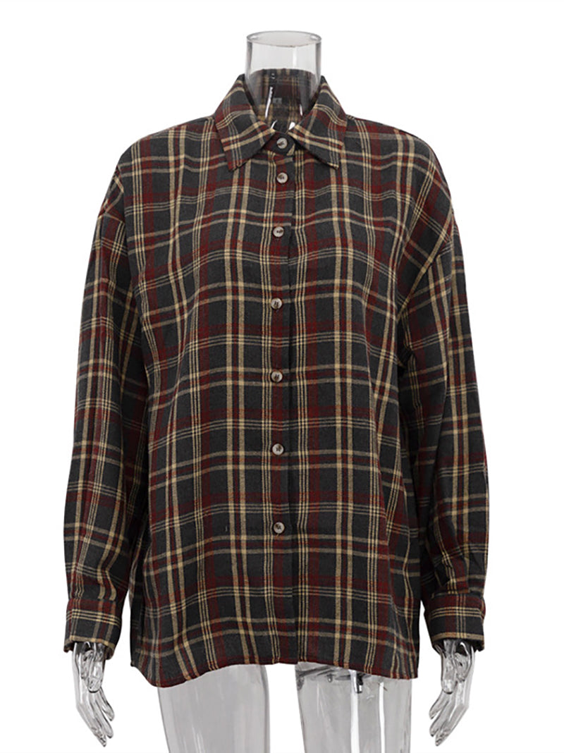 Vintage Turn-Down Collar Plaid Loose Shirt