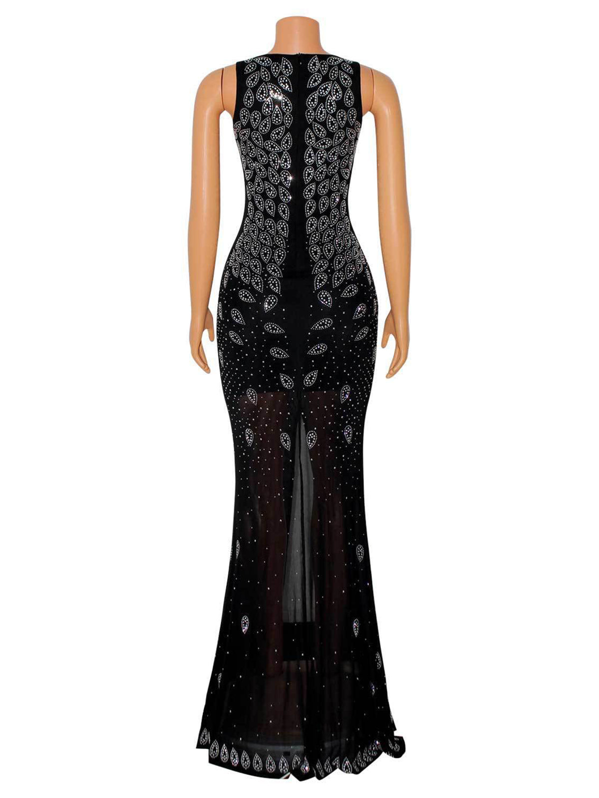 Sexy V Neck Sheer Mesh Rhinestone Decor Dress