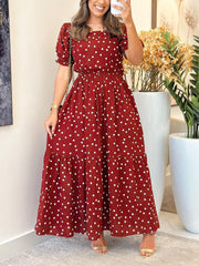 Fashion Puff Sleeve Polka Dot Print Ruffle Dress