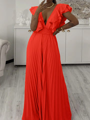 Elegant V Neck Ruffle Pleated Wide Leg Jumpsuit