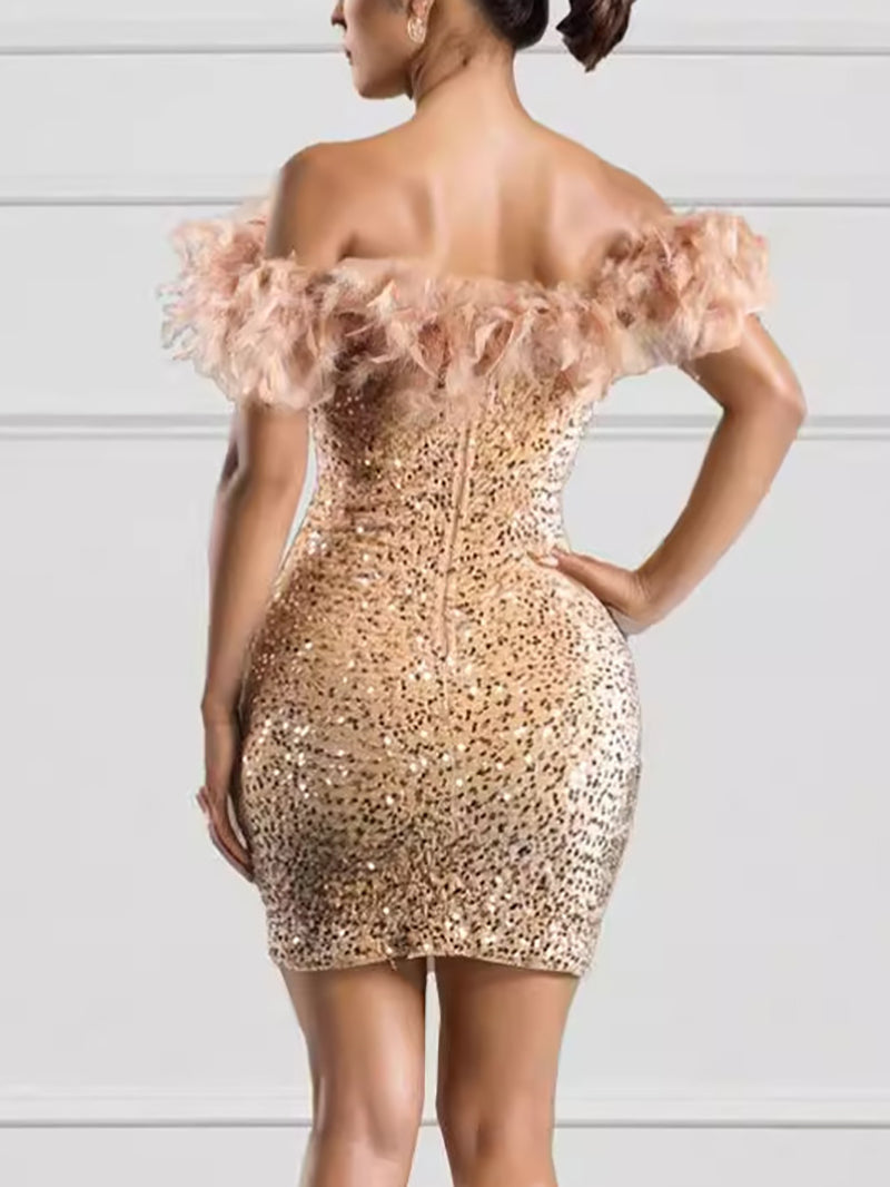 Sequin Off Shoulder Pleated Club Bodycon Mini Dress