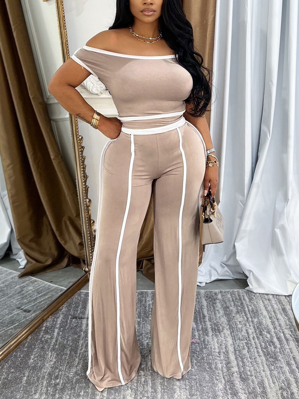 Casual Off Shoulder Top and Pants Two Piece Set
