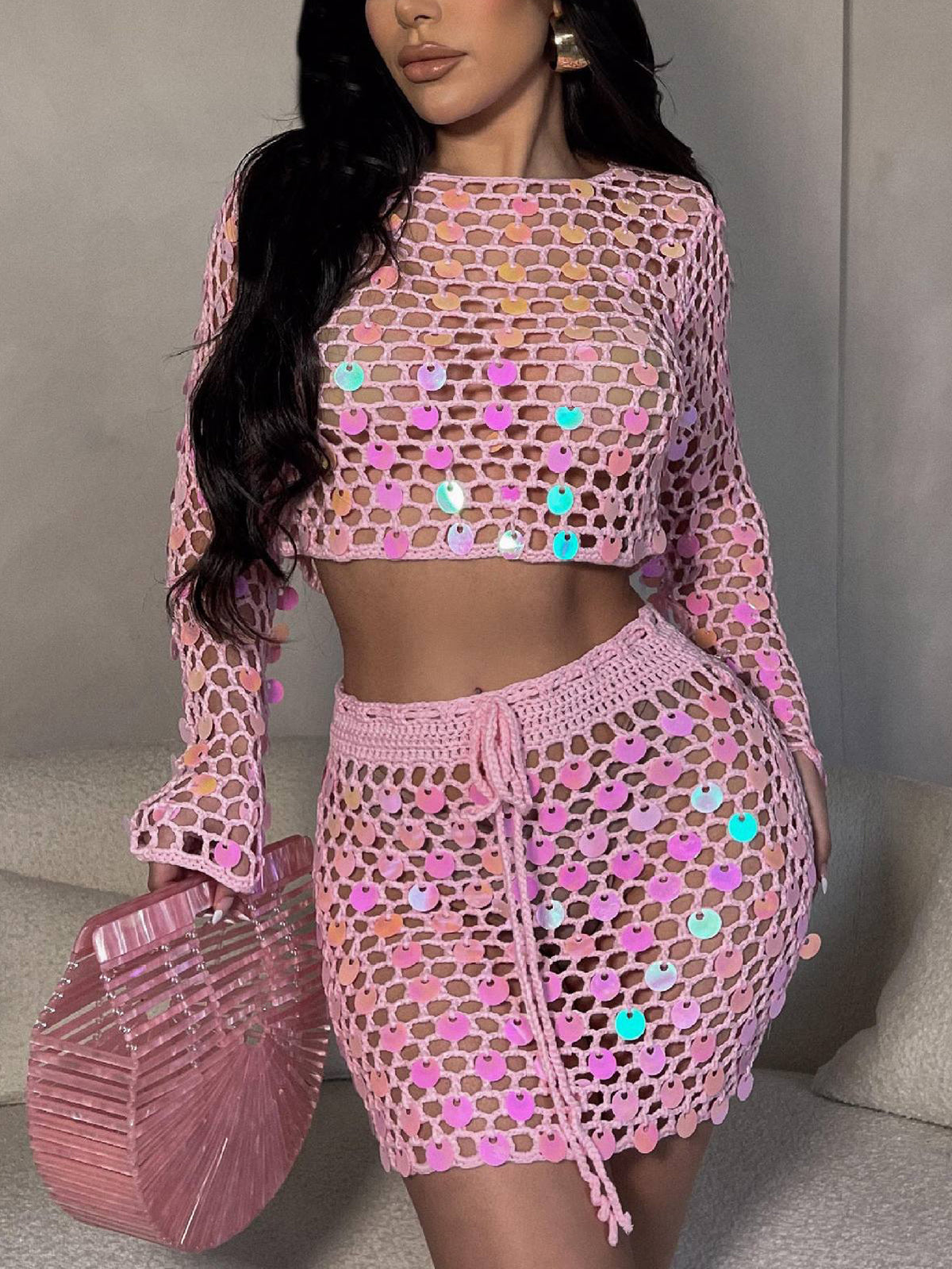 Hand-crocheted Mesh Sequin Beach Skirt Sets