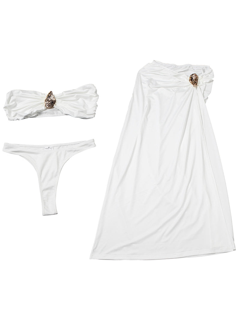 Oyster Metal Decor Strapless Top High Slit Skirt Sets