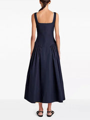 Sleeveless Cinched Waist Pleated Ruffles Midi Dress