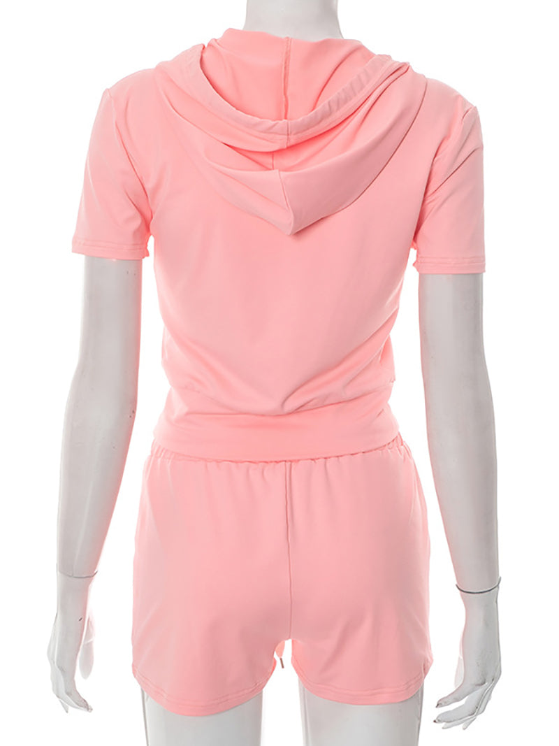 Front Zipper Hooded Crop Top Shorts Casual Set