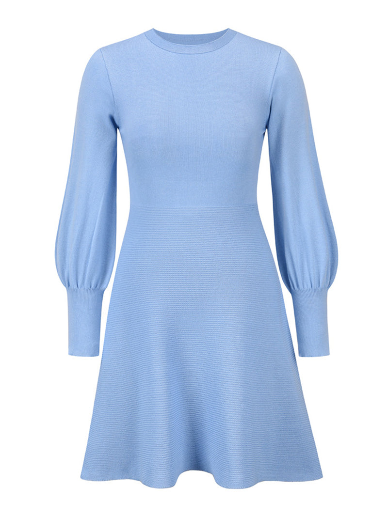 Solid Round Neck Lantern Sleeve Sweater Dress