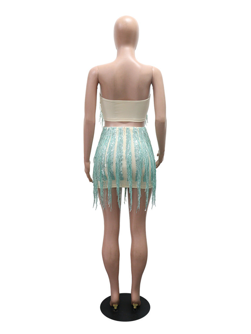 Fashion Sequin Tassel Package Hip Skirt Two Piece Set