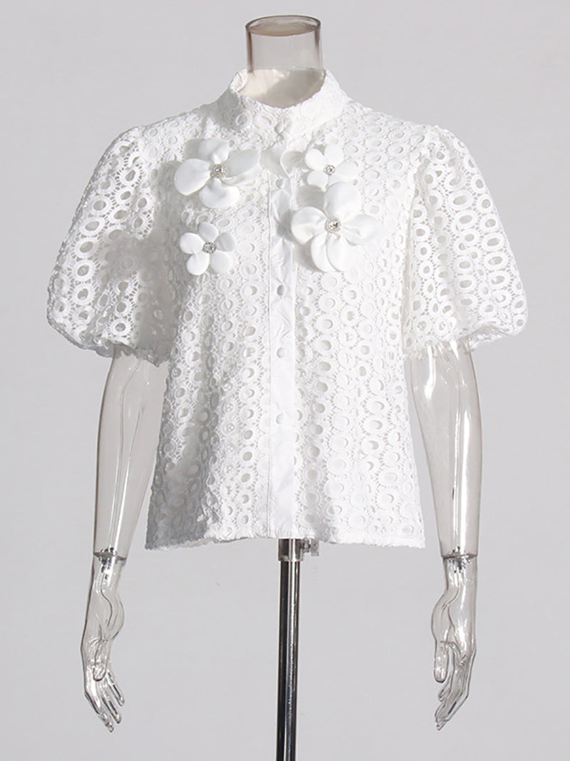 Elegant Floral Embellishment Hollow Blouse