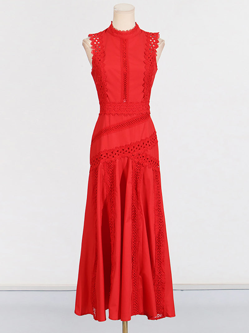 Elegant Lace Patchwork Sleeveless Midi Dress