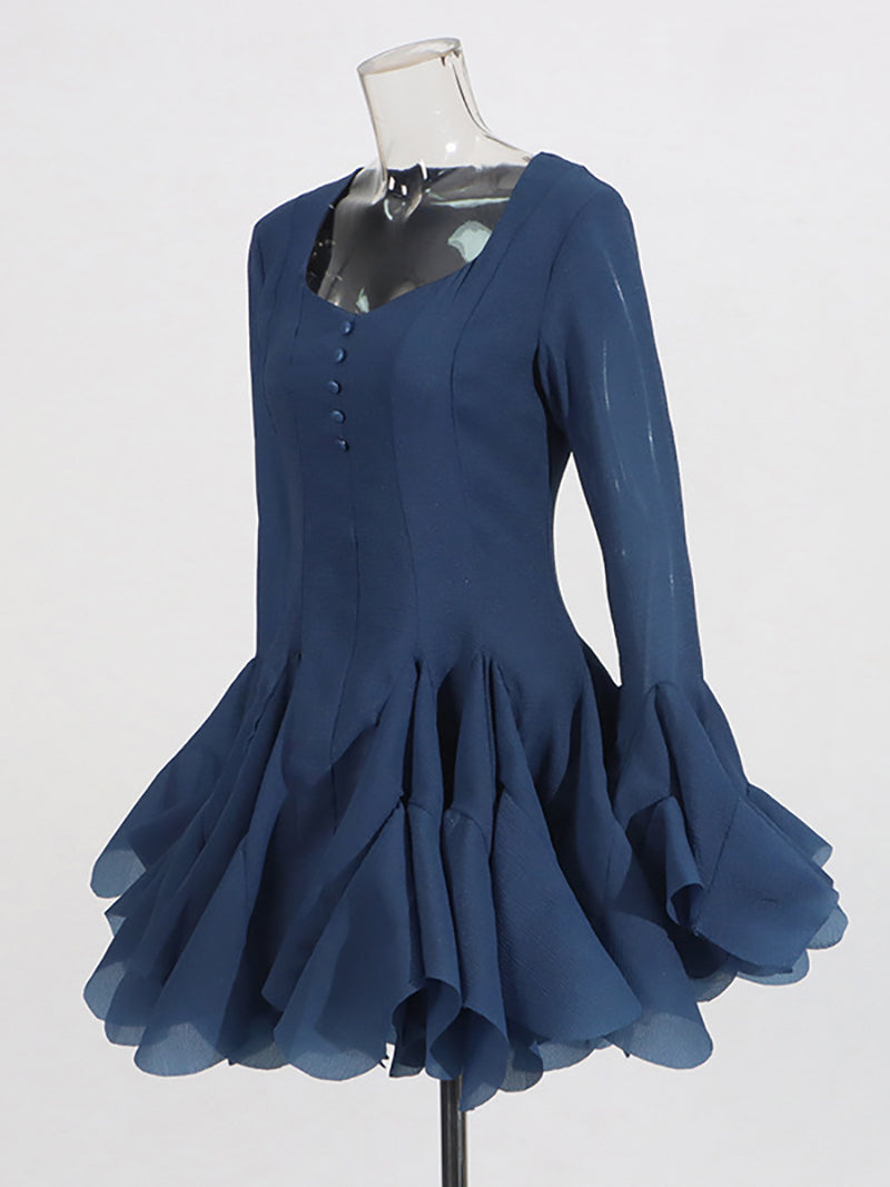 Elegant Mesh Flare Sleeve Ruffle Mini Dress