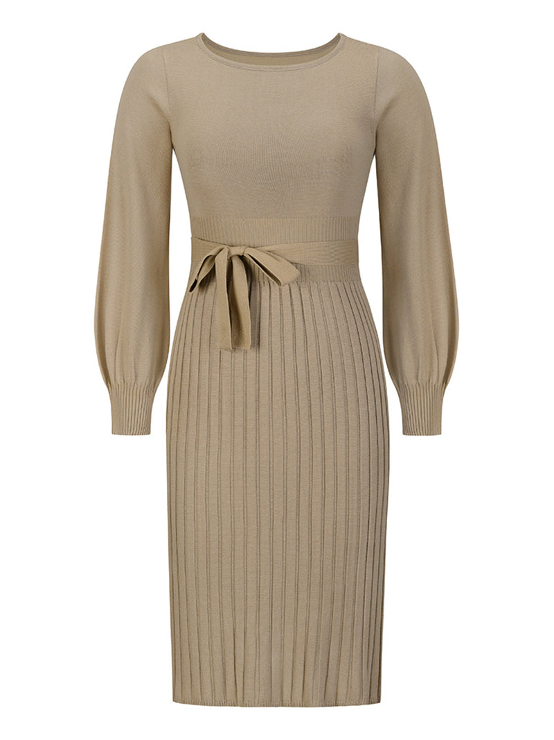 Fashion Round Neck Knit Pleated Sweater Dress