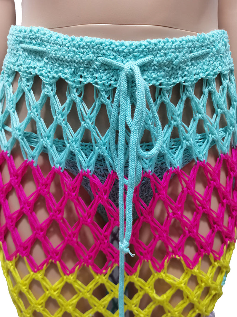 Knit Crochet Lace-Up Beach Bikini Skirt Three-Piece Set