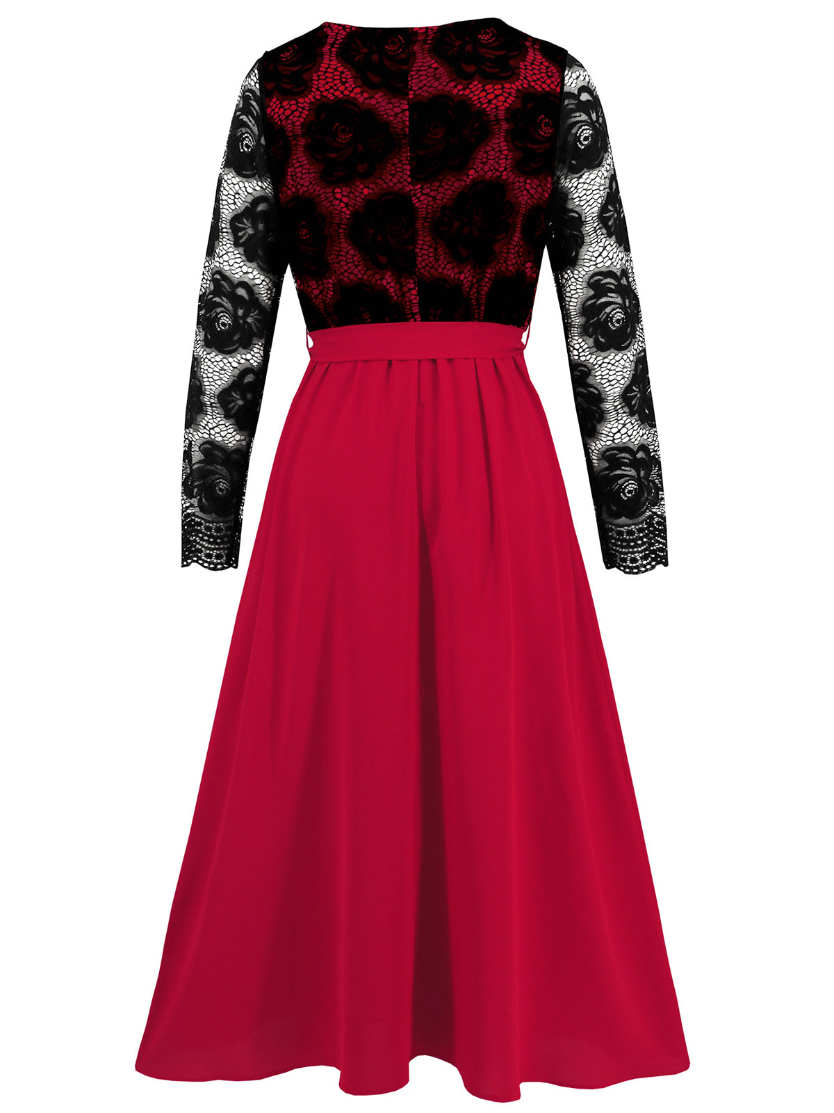 Rose Pattern Lace Long Sleeve Waist Cinch Midi Dress