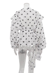 Elegant Ruffled Lace-up Stand Collar Polka Dot Shirt