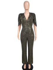 Fashion Sequins V Neck Bubble Sleeves Jumpsuit