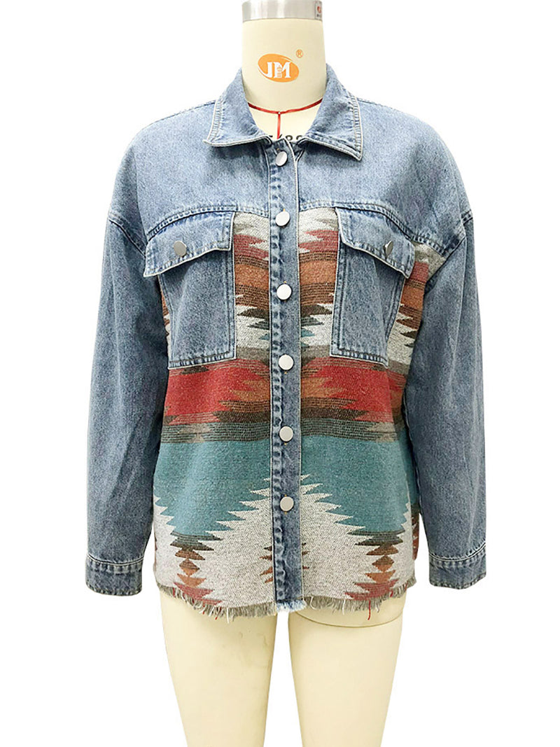 Fashion Denim Patchwork Contrast Aztec Jacket