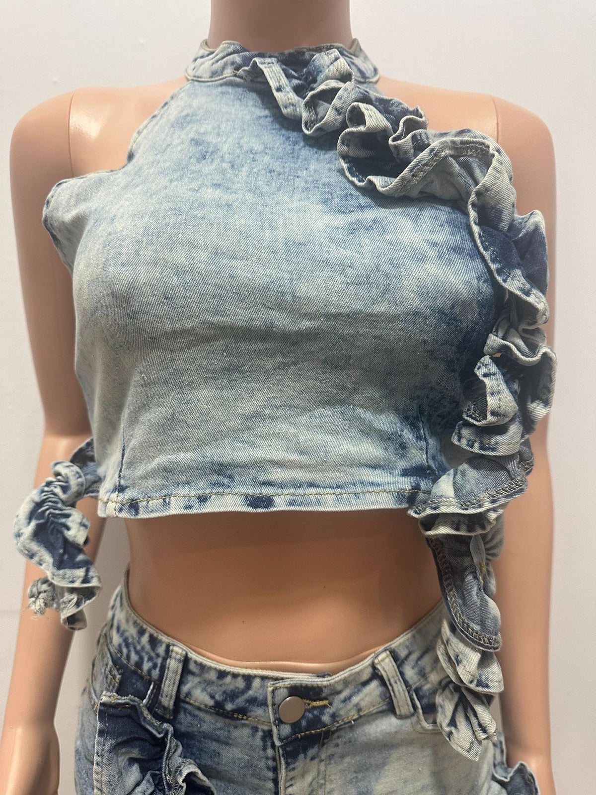 Sexy Halter Top Ruffled Cutout Denim Mini Skirt Sets