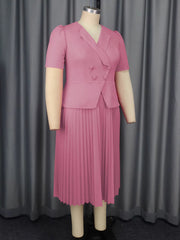 Fashion Short Sleeve Double-Breasted Pleated Midi Dress