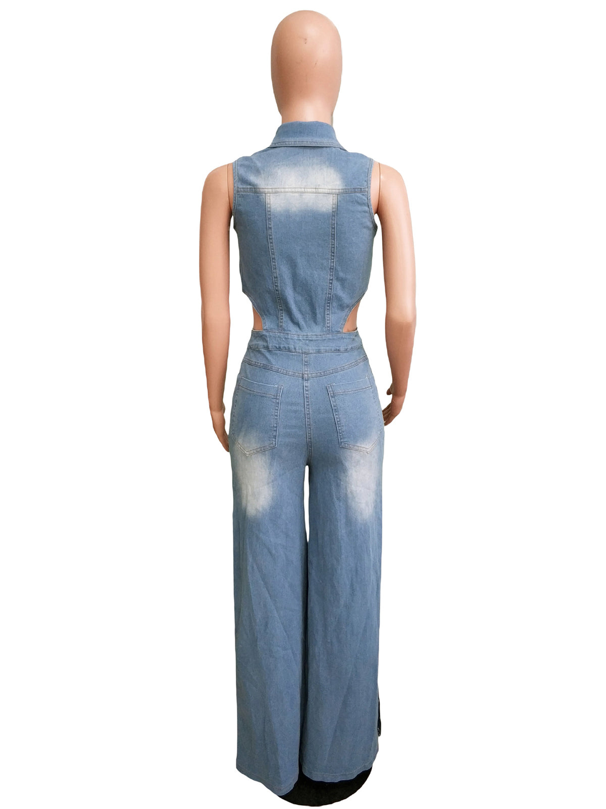 Fashion Hollow-out Side Slit Denim Jumpsuit
