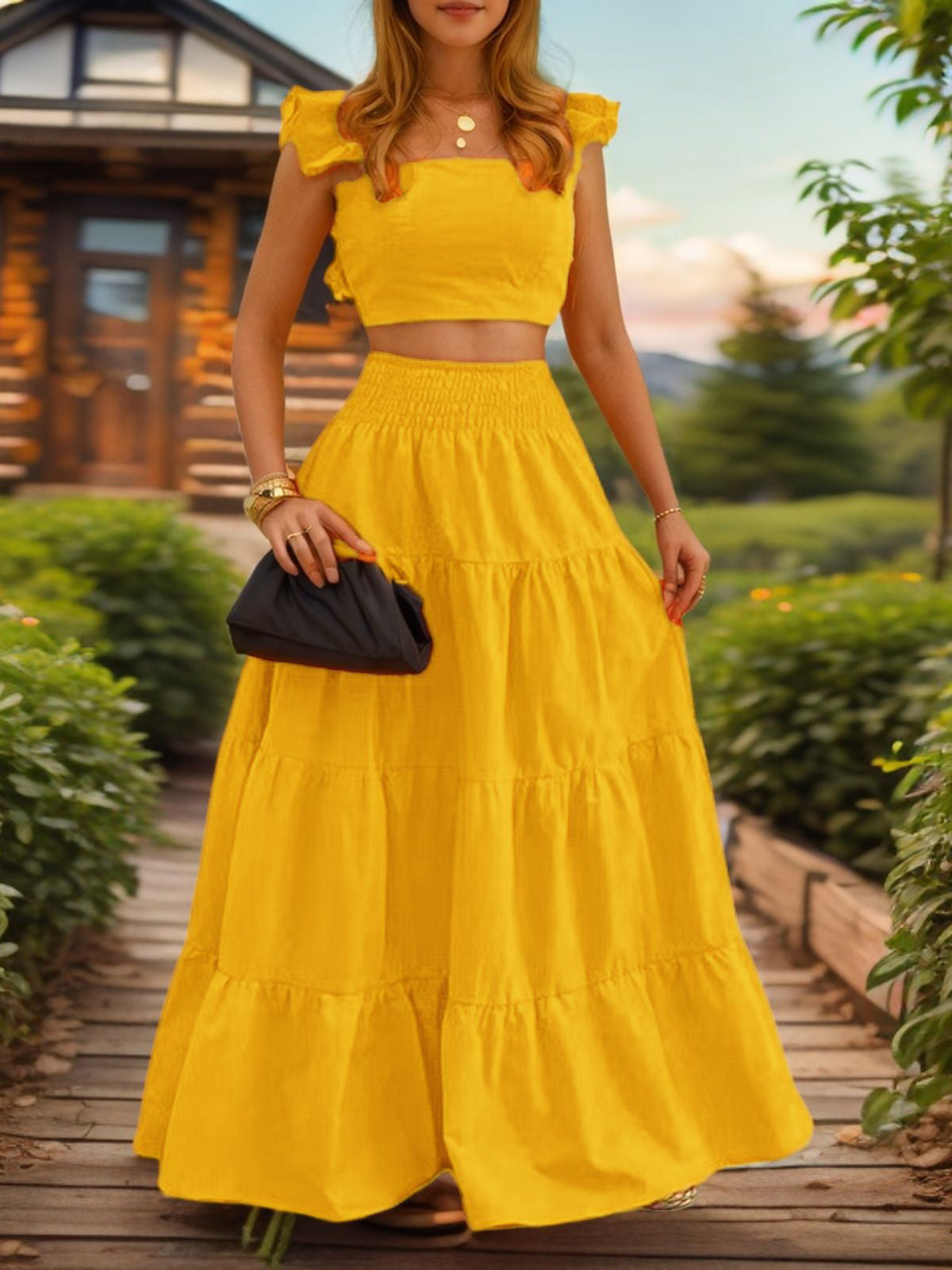 Casual Sleeveless Collage Top And Print Skirt Two Piece Set