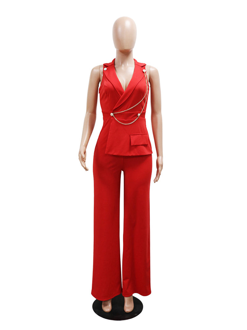 Halter Chain And Button Detail Jumpsuit