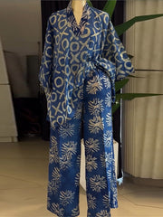 V Neck Print Loose Top Straight Pants Casual Set