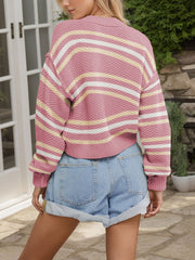 Casual Striped Button-Up Cropped Cardigan