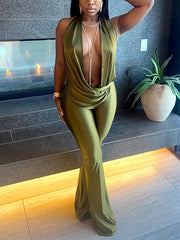 Fashion Sexy Cut-Out Halter Plunge Neck Jumpsuit