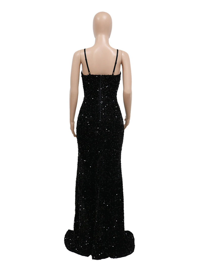Sexy Patchwork Sequins Slit Spaghetti Strap Dress