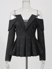 Pearl Trim Off Shoulder Blazer-boutique
