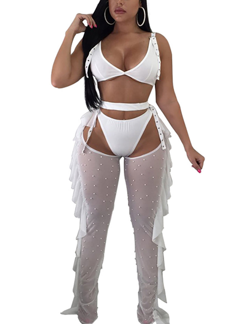 Mesh See Through Crop Top Ruffle Pants Two Piece Set