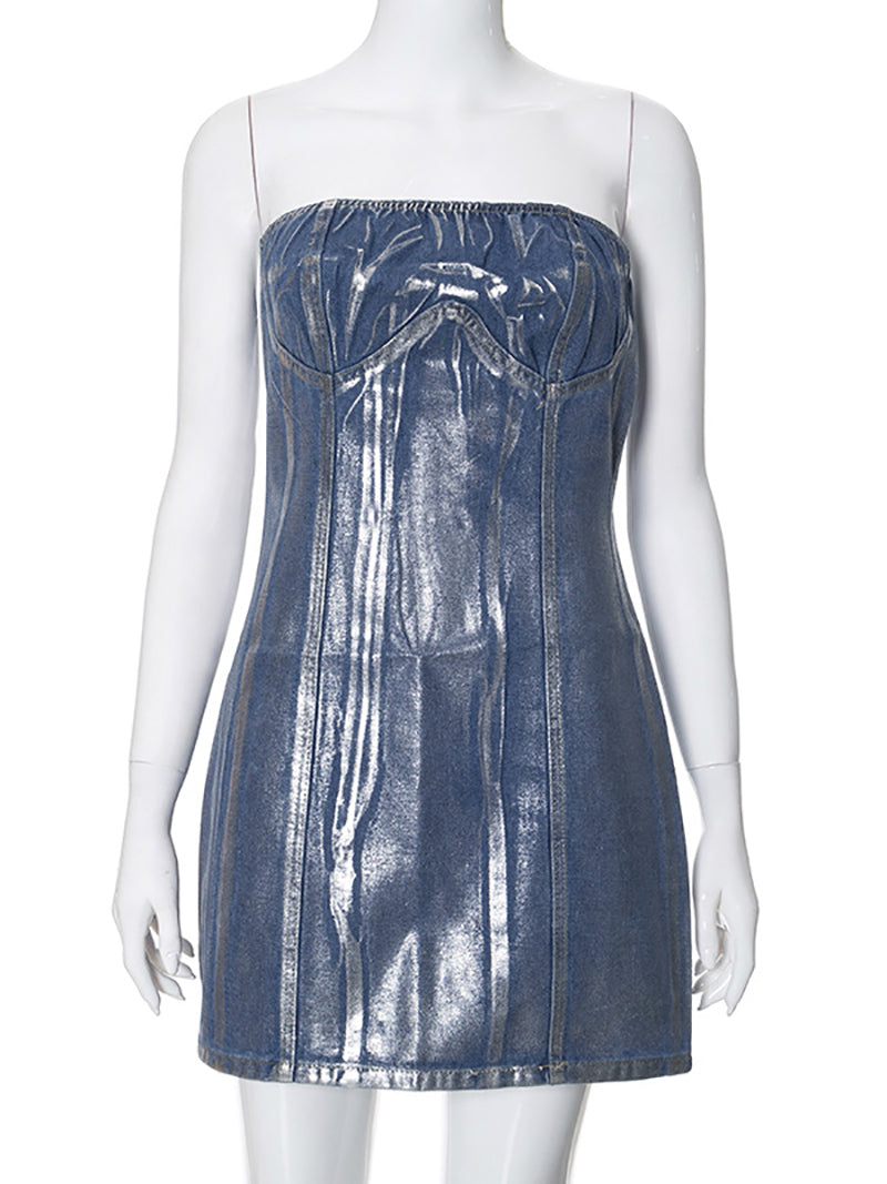 Sexy Strapless Metallic Denim Mini Dress