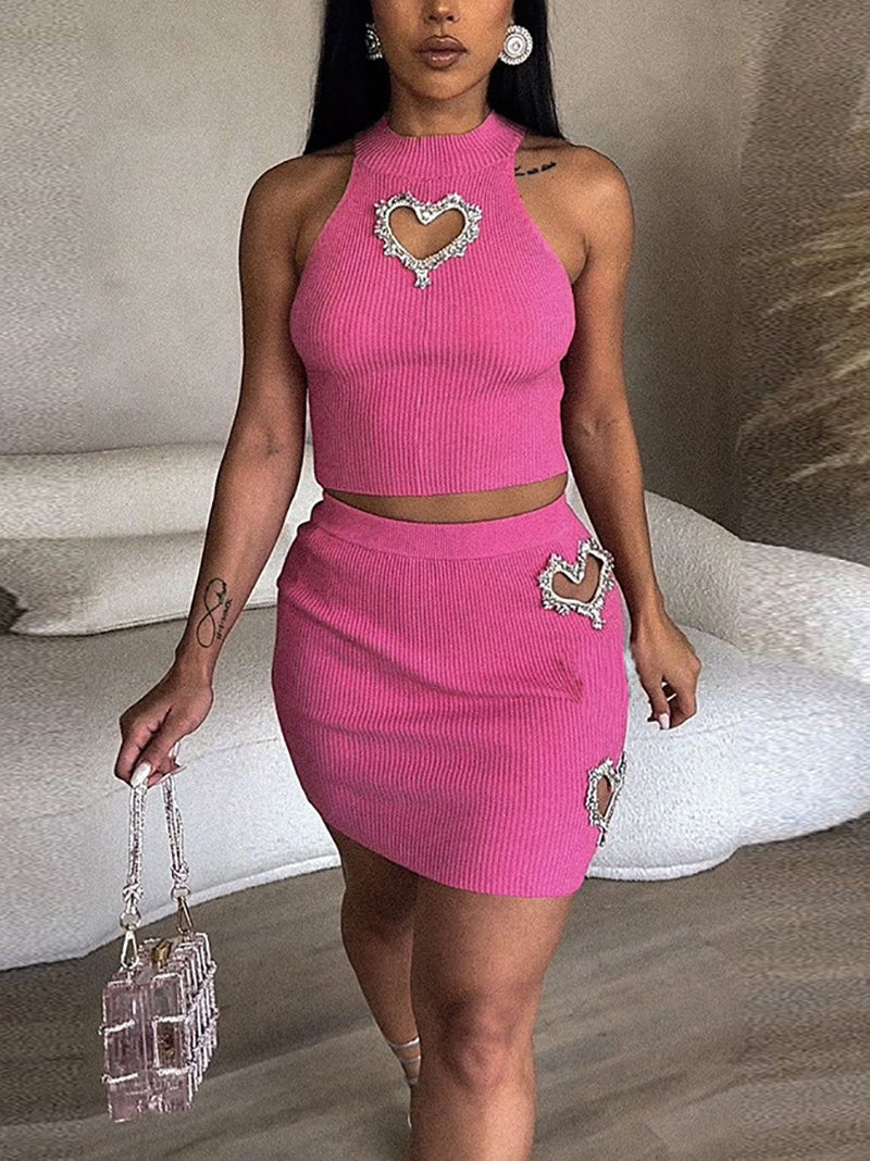 Sexy Hollow out Heart Shaped Vest Short Skirt Set