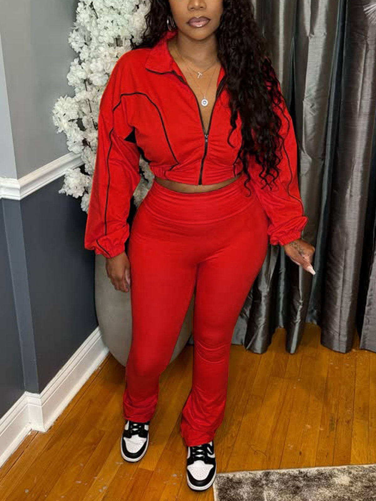 Zipper Cropped Flared Pants Casual Two Piece Sets