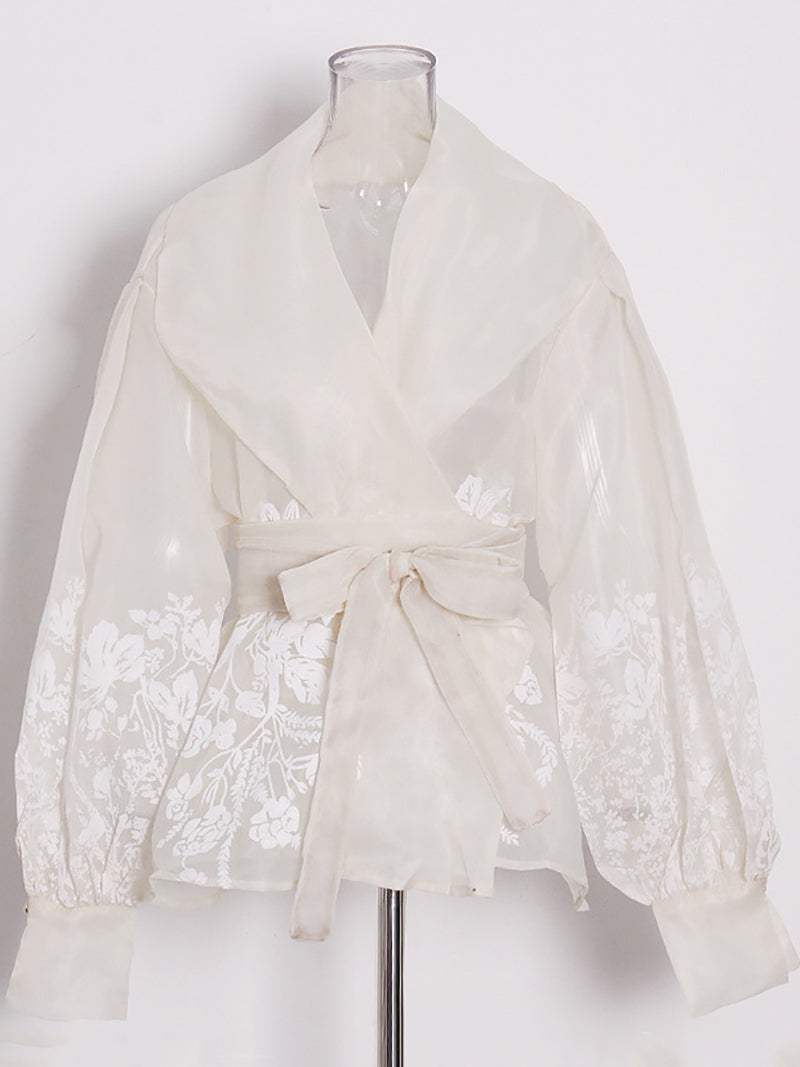 Retro Bubble Sleeve Lace-up Slim Shirt
