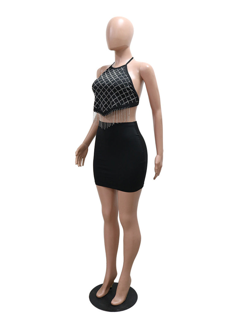 Sexy Rhinestones Tassel Backless Top And Mini Skirt Set