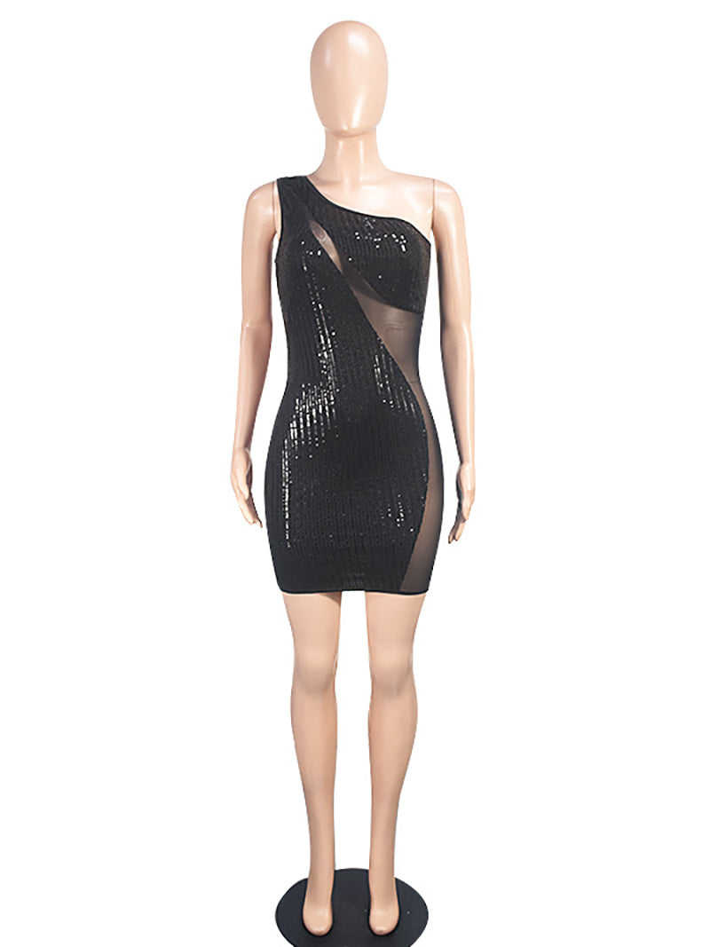 Slash Shoulder Sequin Mesh Sexy Nightclub Dress